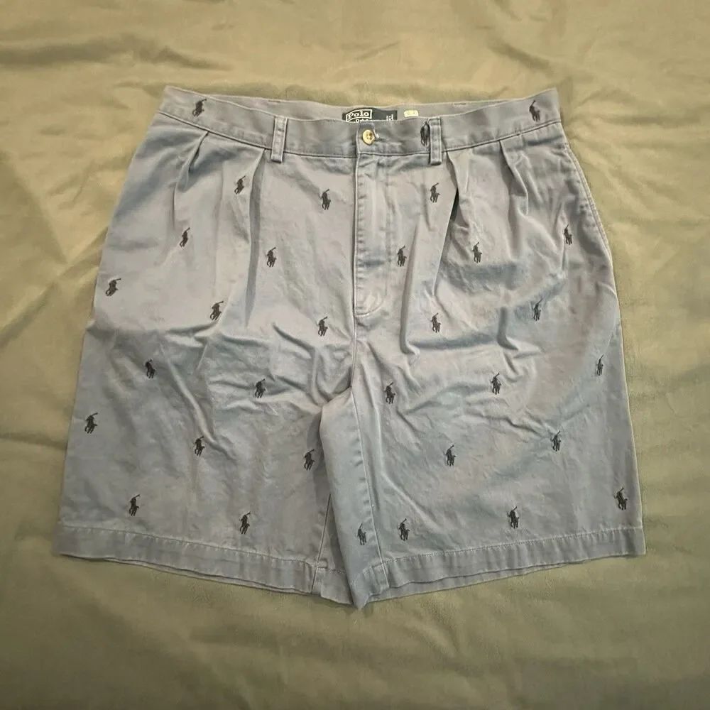 Vintage Polo Ralph Lauren Tyler Shorts Mens 38 Pleated Chino Cotton Blue Y2K 00s